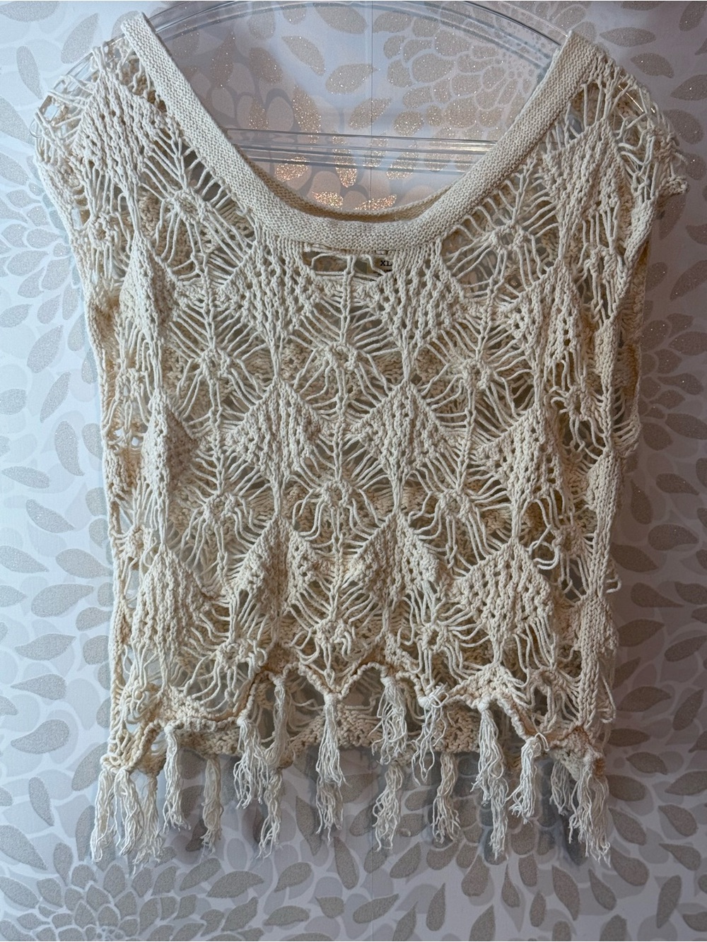 Vintage Y2K Mudd Women’s XL Ivory Crochet Fringe Boho Hippie Sheer Festival Top